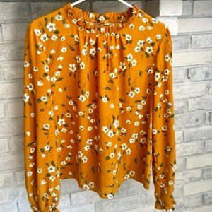 Women's Long Sleeve Blouse, Size L, Gold/Floral